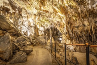 Tourists visiting the famous postojna cave, located in slovenia, walking on illuminated cemented