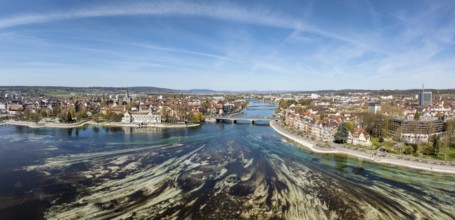 Aerial view, panorama of Lake Constance and the Seerhein also Rhine funnel at low water with the