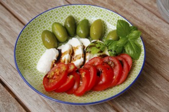Mediterranean cuisine, cocktail tomatoes, green olives, buffalo mozzarella arranged on a plate,