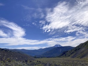 View from the lava field of the Achen Niyeu volcano to the Lanin volcano in Lanin National Park,