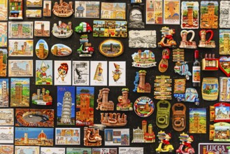 Magnetic boards with Tuscan motifs in a souvenir shop, historic city centre, Lucca, Tuscany, Italy,