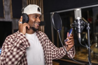 Young man wearing headphones and holding smartphone, recording a song or rap music in a