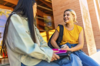 Female chinese and caucasian exchange university students talking outside the university building
