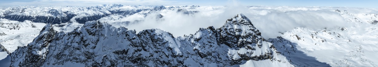 Alpine panorama, aerial view, mountain peak Piz Kesch and glacier Vadret da Porchabella, Albula