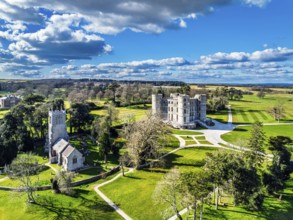 Lulworth Castle from a drone, Lulworth Estate, Camp Bestival, East Lulworth, Dorset, England,