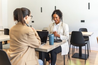 Two businesswomen are working together on a project in a modern office space, using a laptop and