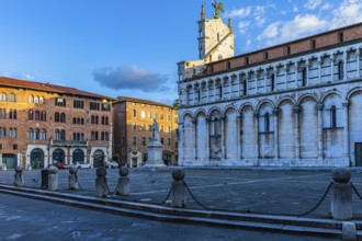 The church of San Michele in Foro and Piazza San Michele, at sunrise, historic city centre, Lucca,