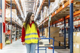 Woman worker in safety clothes walking pushing boxes in a cart at warehouse