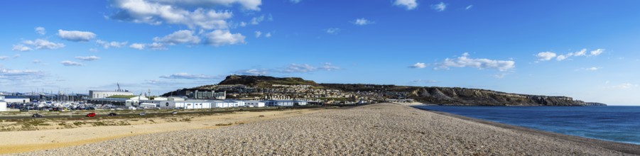 Panorama of Chesil Beach, West Bay to Portland, Jurassic Coast, Dorset, England, United Kingdom,