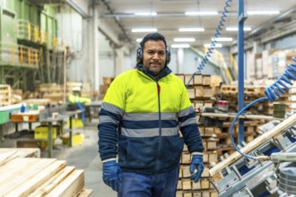 Man carpenter with protective work gear standing in a recycling plant arranging pallets to reuse