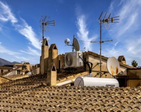 View of Mediterranean houses, roofs and courtyards from the town wall, Alcudia, Majorca, Spain,