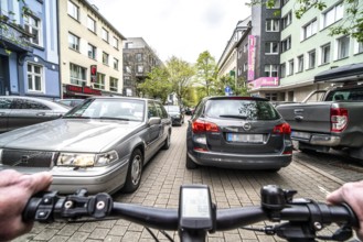 Cycling in the city, inner-city street, cycle lane, bicycles have priority, two-lane traffic with