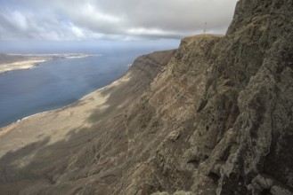 Stunning coastal view with steep cliffs under dramatic sky and sea view, Lanzarote, Canary Islands,