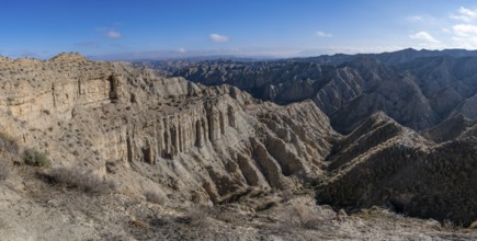Wide hilly desert landscape with dry vegetation, Gorafe desert, semi-desert, Granada, Andalusia,