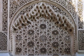 Stucco wall decoration in El Bahia Palace in Marrakech Medina, Unesco World Heritage Site, Morocco,