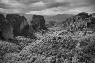 Sunset over the Monastery of Rousanou and the Monastery of St Nicholas Anapavsa, Anapavsas, Metéora