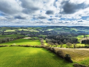 Farms over Road A35 from a drone, Morcombelake Village, Bridport, Dorset, England, United Kingdom,
