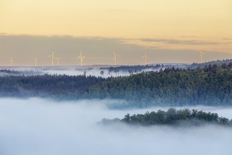 Wind turbines in the morning light, fog, Danube valley, mixed forest, Bandfelsen, Leibertingen,