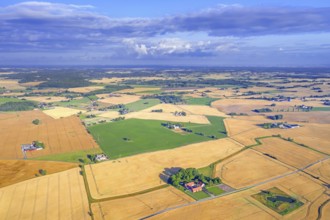 Aerial view over agricultural wheat fields, meadows, farmland and farms in Skåne län, Scania