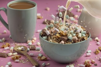 Breakfast, milk is poured into a bowl with muesli and colourful marshmallows, coffee next to it