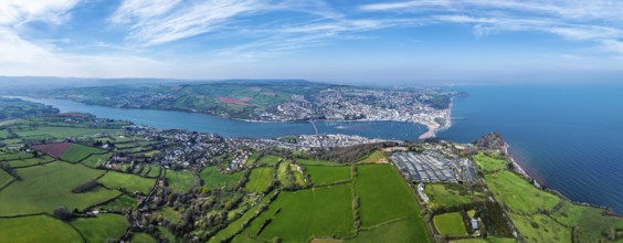 Panorama of Coast View Holiday Park, Farms and Fields over River Teign from a drone, Teignmouth,