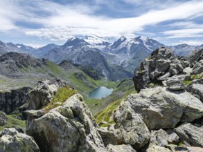 Mountain stream and mountain lake Lac de Louvie with glaciated summit of the Grand Combin, Val de