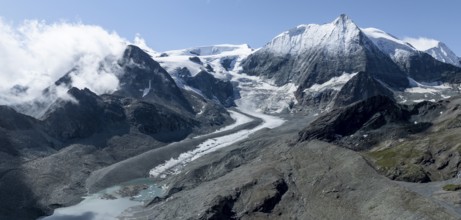 Aerial view, Alpine panorama, mountain landscape with glacier tongue and glacier lake, Glacier de