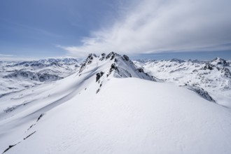 View of mountain panorama with mountain peaks of the Bernina group, mountain landscape in winter on