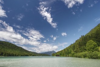 A green lake surrounded by densely wooded hills under a cloudy sky, Walchensee, Jachenau, Bavaria,