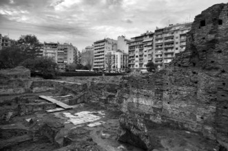 Forum Romanum, Roman Forum, Roman Agora, archaeological site, black and white, Thessaloniki,