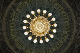 Ceiling light in the men's prayer room, interior view, in the Sultan Qabus Grand Mosque, Muscat,
