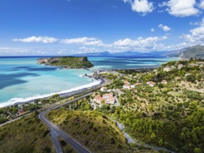 Praia a Mare from a drone, Tyrrhenian Sea, Cosenza, Calabria, Italy, Europe