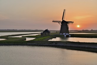 Historic windmill in the light of the setting sun, De Traanroeier, Het Noorden Molen, Texel, North