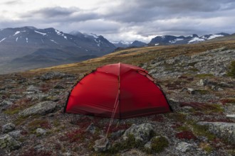 Tent in mountain landscape, Sarek National Park, World Heritage Laponia, Norrbotten, Lapland,