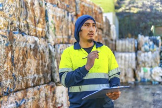 Man doing inventory writing on clipboard outside of a recycling plant area with plastic bales