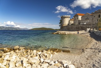 Zakerjan beach and Zakerjan tower in Korcula, Croatia, Europe