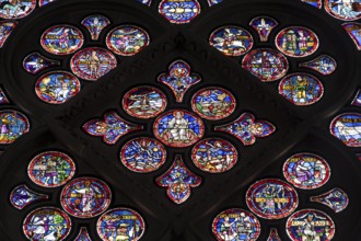 Colourful stained glass windows, Notre-Dame Cathedral, former episcopal church of the diocese of