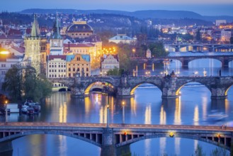 Travel Prague background, elevated view of bridges over Vltava river from Letna Park. Prague, Czech