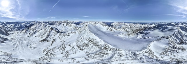 Cevedale summit, Alpine panorama, Aerial view, Snow-covered mountain landscape, Ortler group,