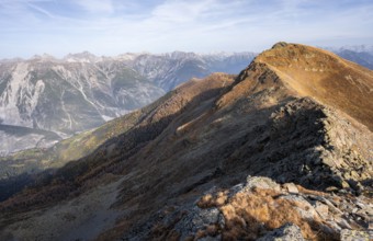 Venet ridge with Kreuzjoch summit, view from the Venet ridge to mountains of the Parzinn group in