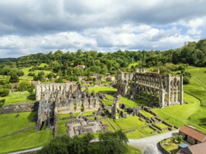 Rievaulx Abbey from a drone, North York Moors National Park, North Yorkshire, England, United