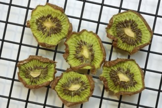 Dried kiwi slices on a wire rack, dried fruit
