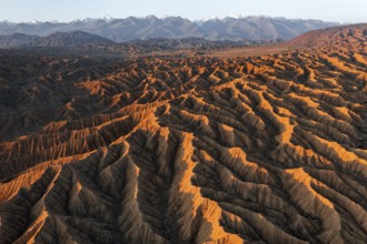 Landscape of eroded hills, badlands at sunset, mountain peaks of the Tian Shan Mountains in the