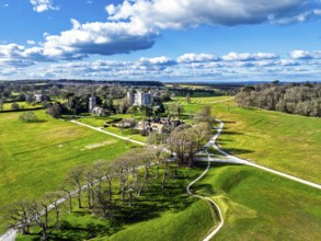 Lulworth Castle from a drone, Lulworth Estate, Camp Bestival, East Lulworth, Dorset, England,
