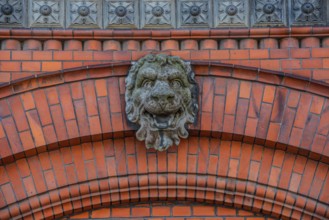 Lion head in concrete on decorative brick wall in Ystad, Skåne County, Sweden, Scandinavia, Europe