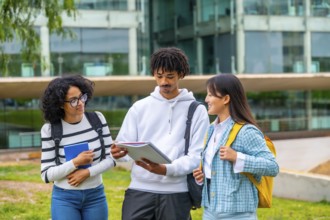 Multi-ethnic students reading notes before an exam in the university standing outside the campus