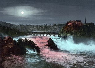 Rhine Falls at night, near Schaffhausen in Switzerland, Historical, digitally restored reproduction