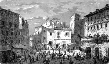 The market square of the ghetto of Rome, Italy, in 1880, Historical, digital reproduction of an