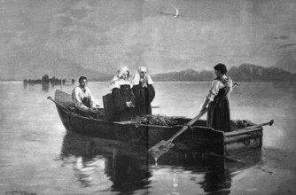 Two nuns in a boat, ferry across a lake in the evening, Chiemsee, Bavaria, Germany, ca 1870,