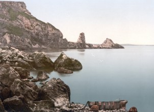 Anstey's Cove, Torquay, England, Historic, digitally restored reproduction from a 19th century